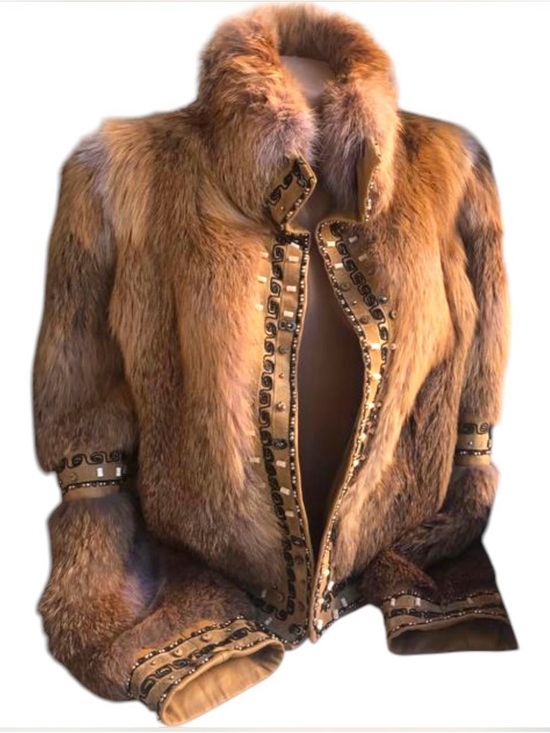 Jackets & Blazers - Luxurious Tan Fox Fur Jacket with Embellished Trim